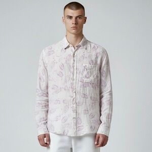 Zegna Sport Shirt Mens Small Linen Button Down Purple White Paisley Long Sleeve